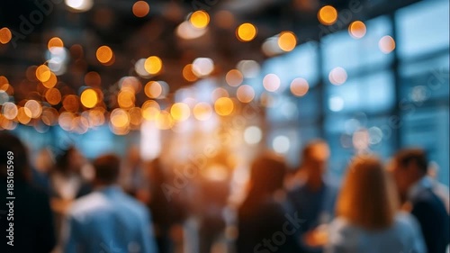 Defocused Office Gathering with Warm Bokeh Lights and Blurry People Creating a Vibrant Atmosphere
