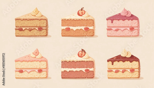 A set of cake slice illustrations with fruit toppings