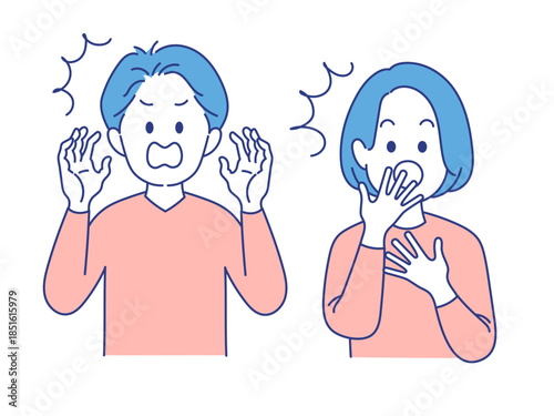 成人男女　表情　イラスト　びっくり　ポーズ