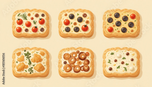 A set of flat colored focaccia cake illustrations