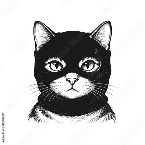A cute cat wearing a ski mask. Black white vector illustration.