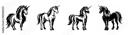 Four majestic unicorns with flowing manes captured in a striking monochrome sketch style