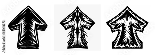 Three grunge style upward pointing arrows isolated on representing direction and progress