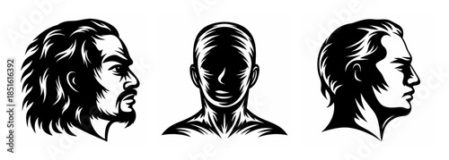 Dynamic black and white portraits showcase male faces in profile and full view art style