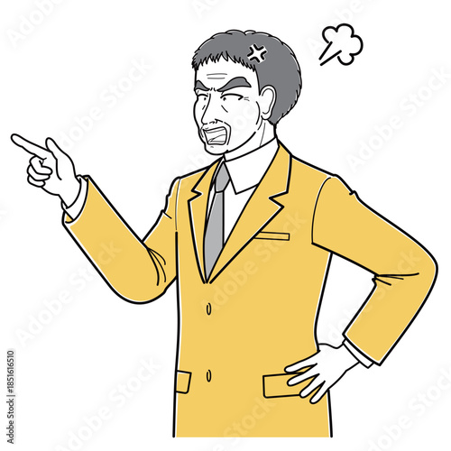 指差ししながら怒っているスーツの中年男性（シンプル・上半身）