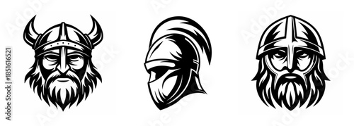 Three detailed viking warrior helmets presented in a triptych layout black and white sketched style