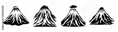 Four distinct volcano illustrations showing different shapes and crater details