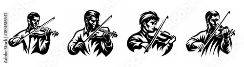 Four distinct black and white sketches of a musician playing the violin expressing passion