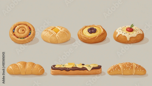 A set of flat colored Danish pastry illustrations 