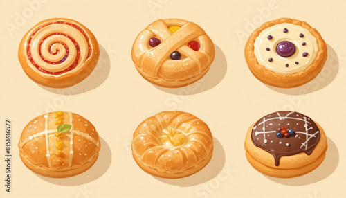A set of flat colored Danish pastry illustrations 