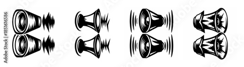 Set of four abstract black and white geometric shapes with a symmetrical stacked appearance suggesting volume or sound waves