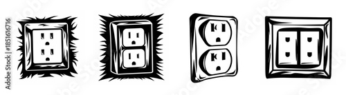 Collection of electrical outlets and wall sockets vintage drawing style featuring multiple receptacles and switch covers