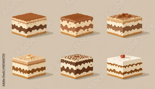 Flat colored tiramisu cake illustration on plain background 