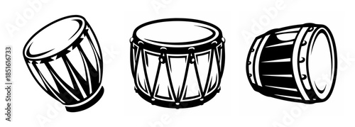 Three drum designs featuring different styles of traditional percussion instruments