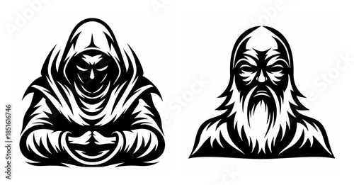 Mysterious hooded figure and wise elder monk warrior symbols for fantasy and gaming art