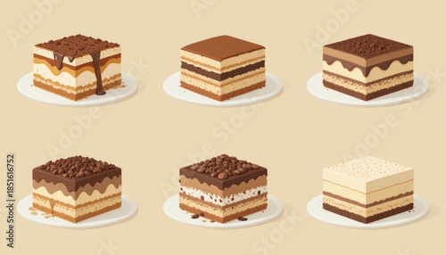 Flat colored tiramisu cake illustration on plain background 