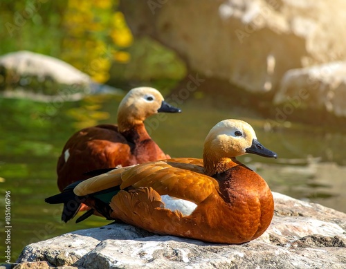 Two brown and tan waterfowl rest on a rock near a pond