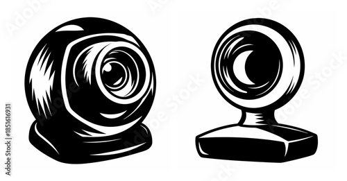 Two distinct webcam devices depicted in a hand-drawn sketch style showing lens and stand detail