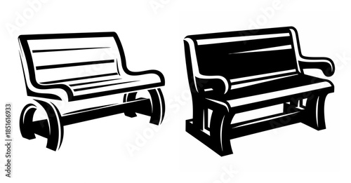Two distinct bench designs side by side rendered as line art graphics