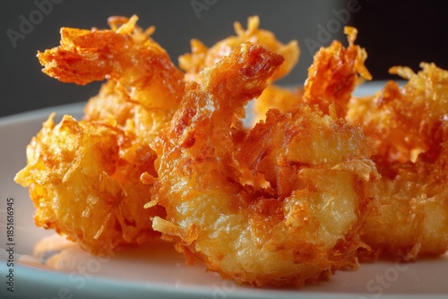 Golden brown shrimp tempura on serving plate