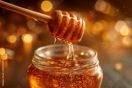 Rustic jar of honey with thick golden stream
