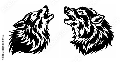 Two fierce wolves howling together in a stark black and white artistic portrayal