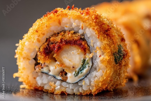 Close-up of crispy fried sushi roll with shrimp and rice