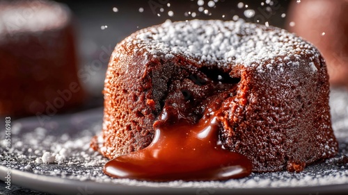 Hot chocolate lava cake with dripping sauce close up