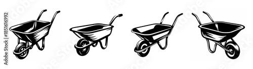 Set of four artistic sketch drawings of a single wheelbarrow shown from different angles and perspectives