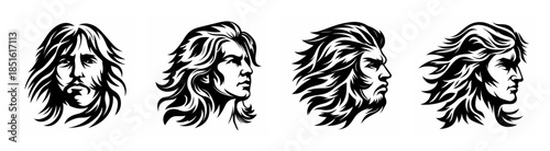 Four diverse stylized male faces with windblown hair capturing movement and dynamic expression artistic rendering