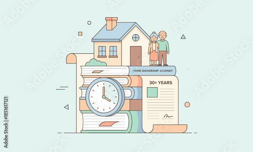 Illustration of a couple standing on a stack of books and documents with a house and clock on top, representing mortgage loan and financial planning.