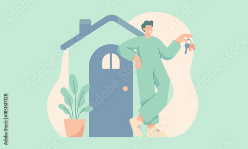A cheerful young adult holding a house key and standing in front of a house with a potted plant, conveying a sense of homeownership and mortgage loan approval in a colorful and minimalist