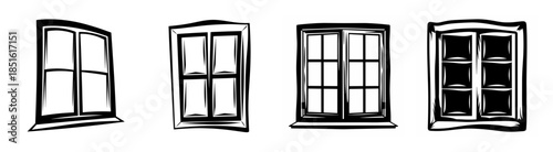 Collection of architectural window designs featuring different panes and styles hand-drawn sketch style