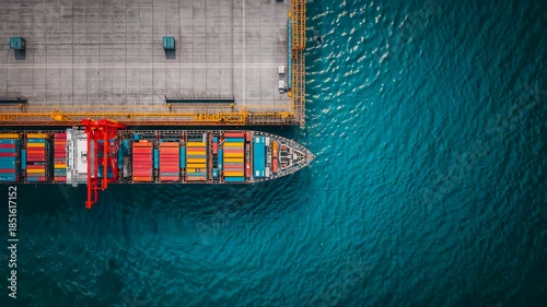 Top down aerial view of container ship docked at concrete pier beside blue water