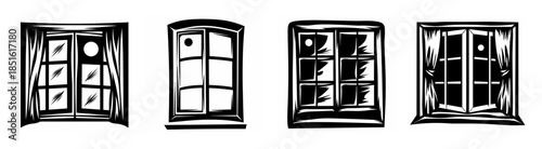 Four distinct windows featuring moonlight streaming through pane divisions and curtains creating atmospheric ambiance