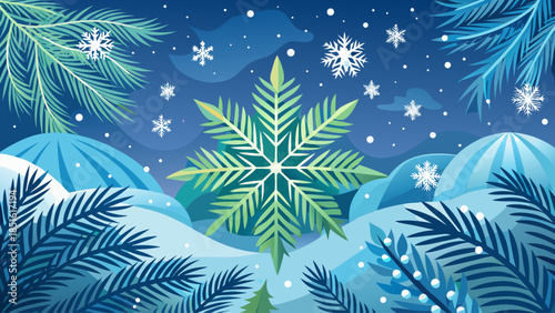 Elegant winter card background with fir pine branches and delicate snowflakes, evoking Christmas and New Year holiday spirit in a clean and seasonal design