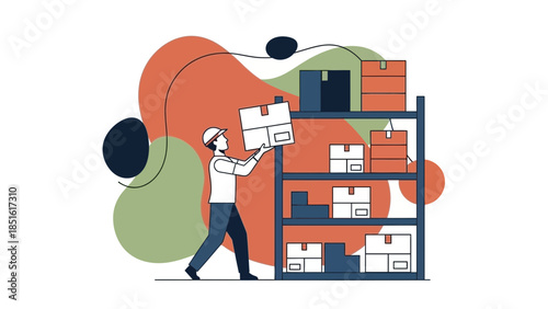 Warehouse worker stocking shelves with boxes in a storage facility.