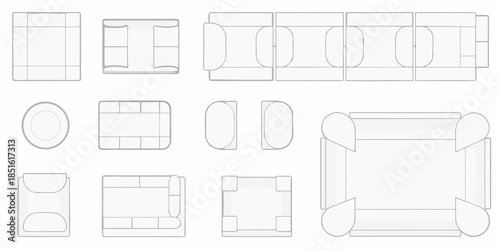 Overhead view of various furniture layouts and seating arrangements in a room