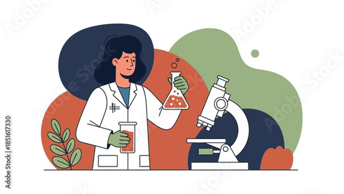 Scientist conducting experiment with microscope and chemical solutions.