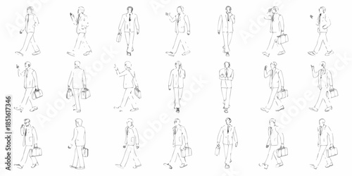A collection of simple line drawings depicting people in business attire walking