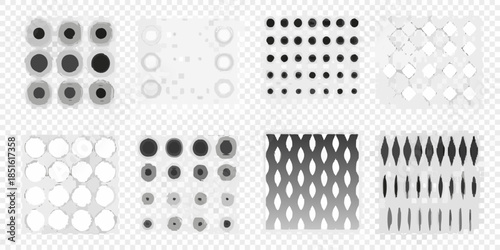 Variations of circular and geometric patterns displayed in grayscale tones