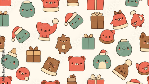 Whimsical christmas pattern with cuddly bears and gifts