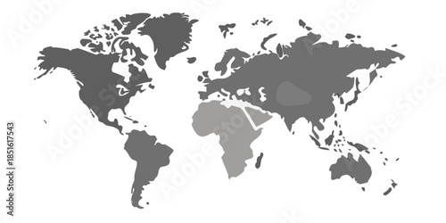 A grayscale world map highlighting specific regions with lighter shades