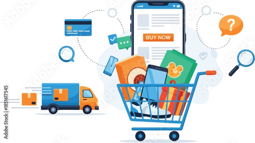 E commerce shopping cart with mobile phone and delivery truck