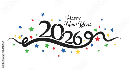 A festive new year greeting featuring the year 2029 with colorful stars and swirls