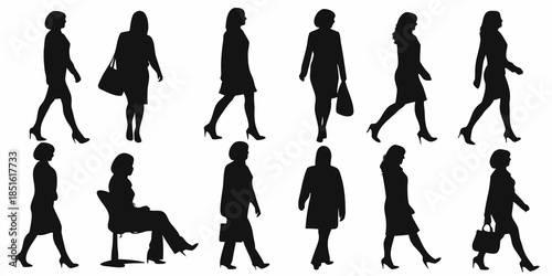 Silhouettes of women walking and posing in various business casual outfits