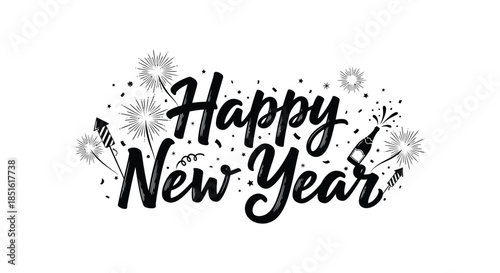Festive new year greeting with calligraphy sparkles and celebratory firework graphic elements