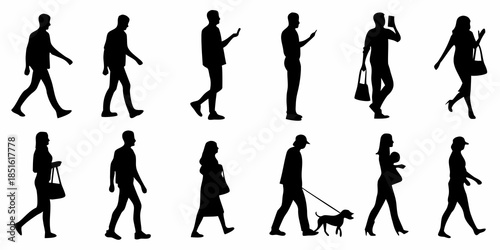 Diverse group of people walking silhouettes showcasing various poses and activities