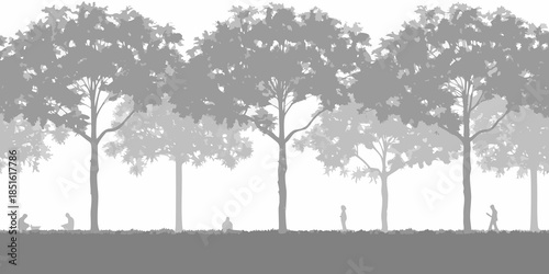 Silhouetted trees and figures create a peaceful landscape in grayscale