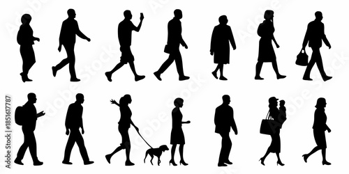 Diverse group of people silhouettes walking in various poses and directions
